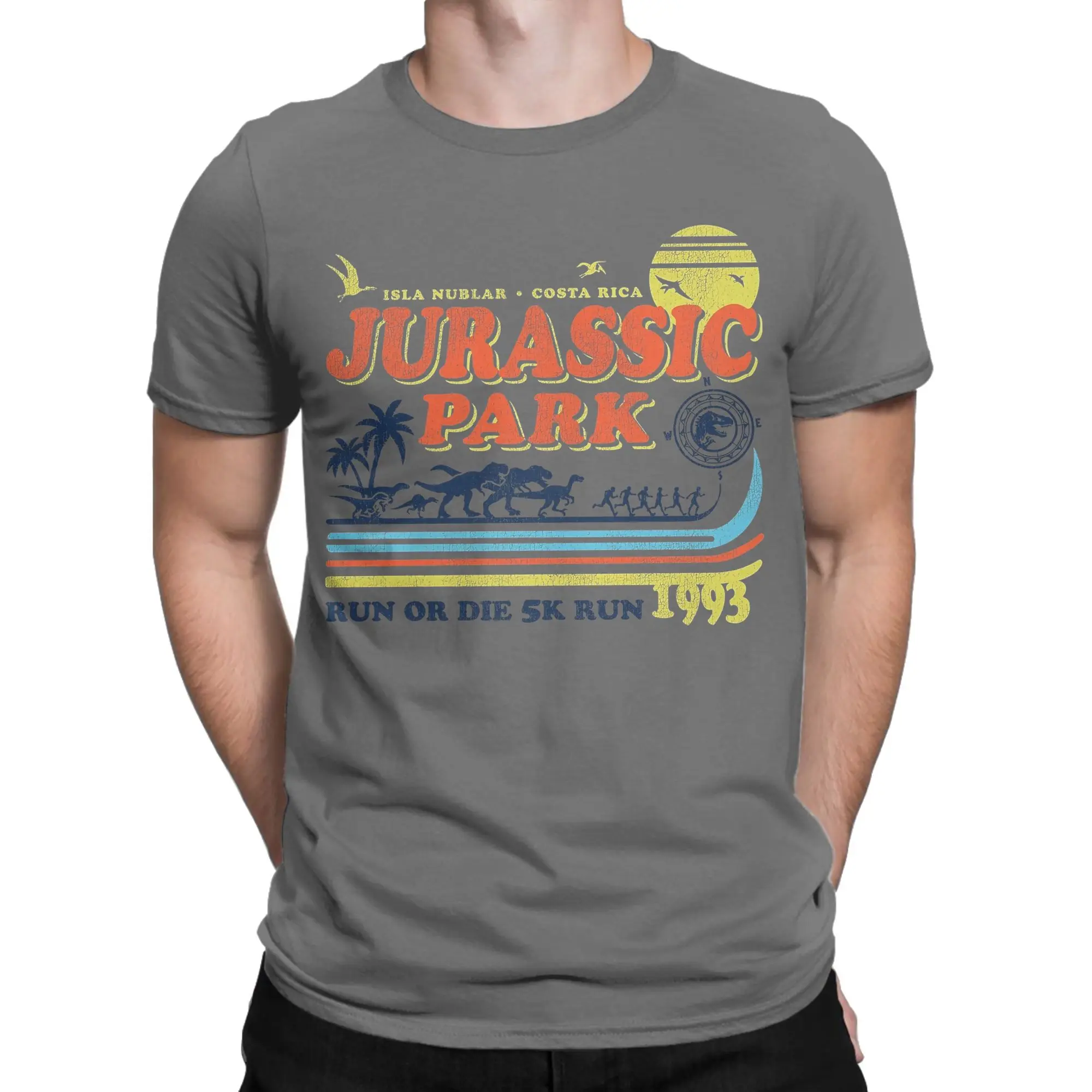 

Футболка с изображением динозавра Run or Die 1993, парка Юрского периода, мужские хлопковые забавные футболки, футболка с круглым вырезом, летняя одежда с короткими рукавами