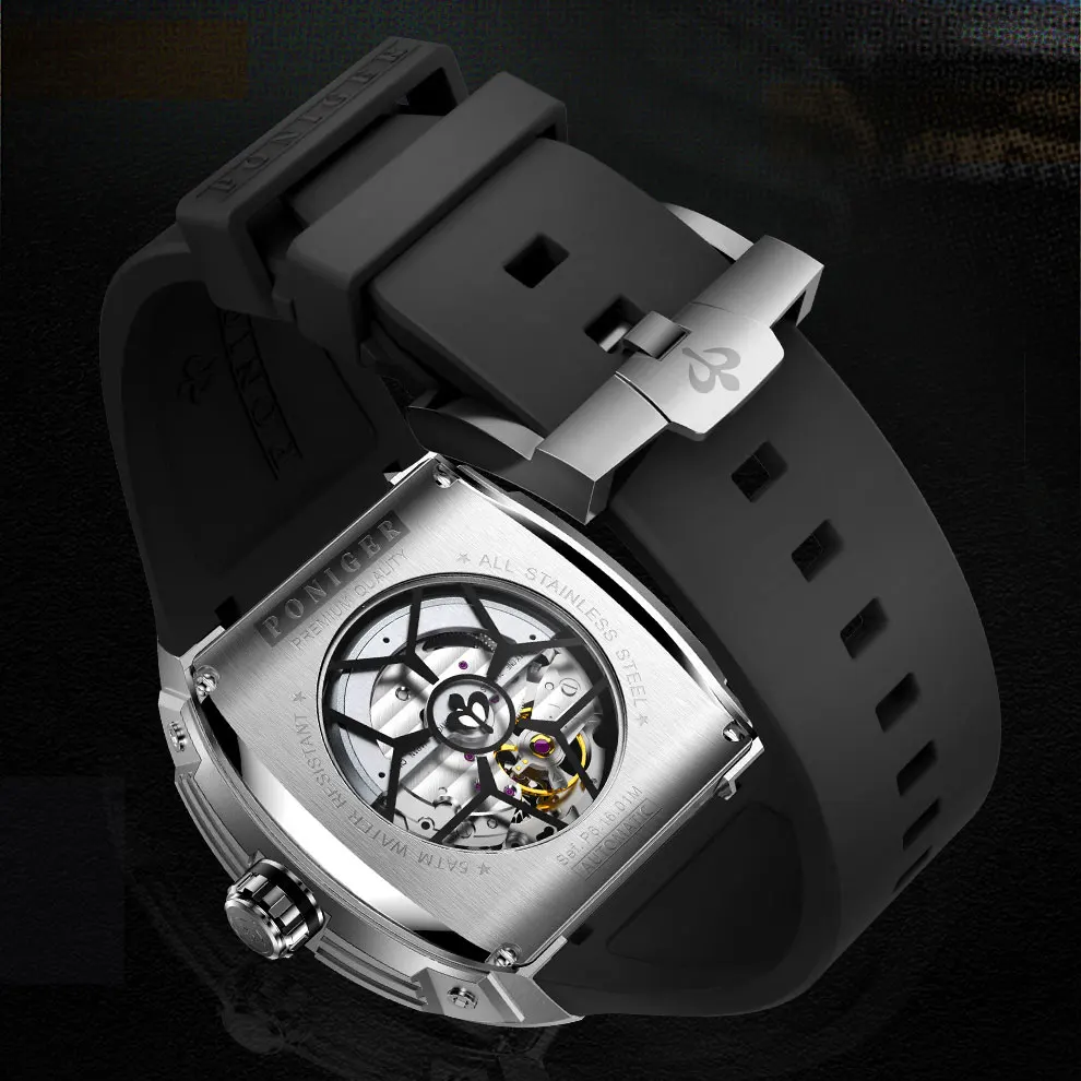 PONIGER Top Brand Design Automatic Movement Mechanical Men's Watches Fashion Multi-Function Stainless Steel Waterproof Men Watch