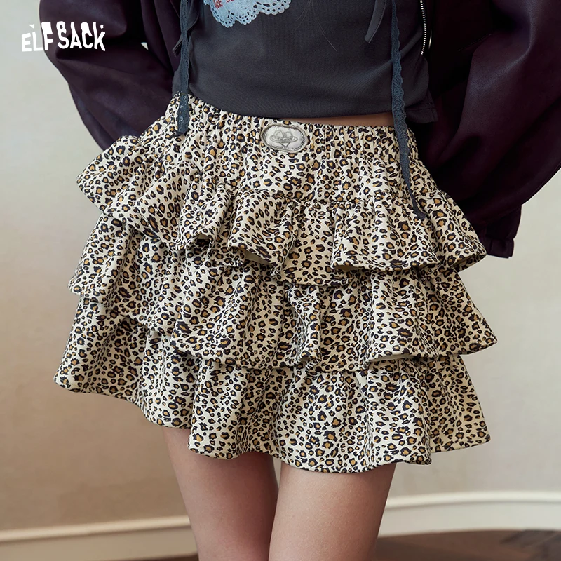 ELFSACK Women's Leopard Print Ruffle Mini Skirt, Layered Casual Skirt for Daily Wear, Elastic Waist Aesthetic Bottom