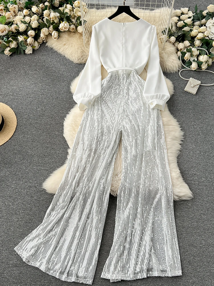 EWQ elegant style chic jumpsuit women fake two piece patchwork sequins with belt high waist jumpsuits winter spring 2024 new