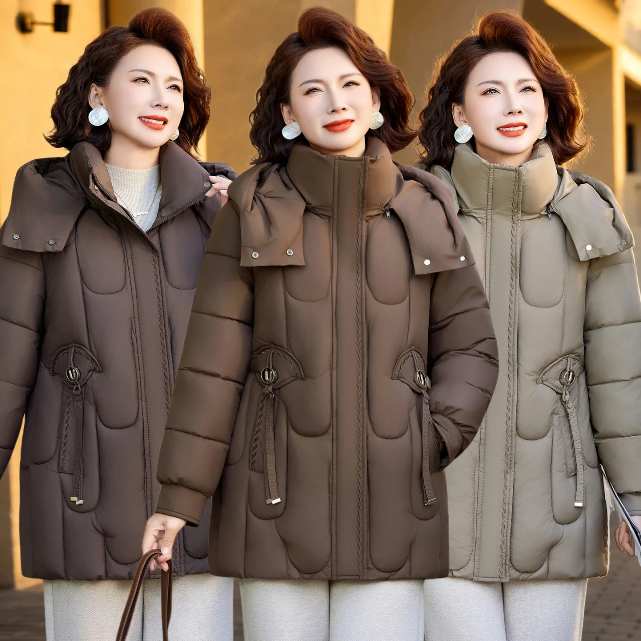 مبطن الشتاء معطف مقنع سترة المتوسطة وكبار السن الطبعة الكورية تنوعا أزياء قصيرة الأم سميكة أسفل سترة قطن