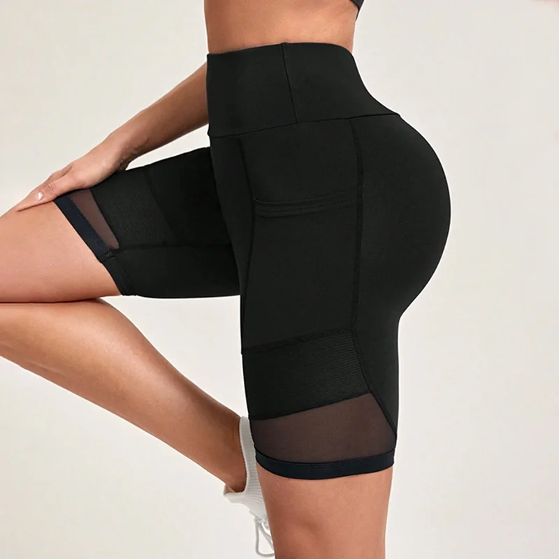 High Waist Mesh Yoga Shorts with Pockets Shorts for Women Tummy Control Workout Shorts for Women