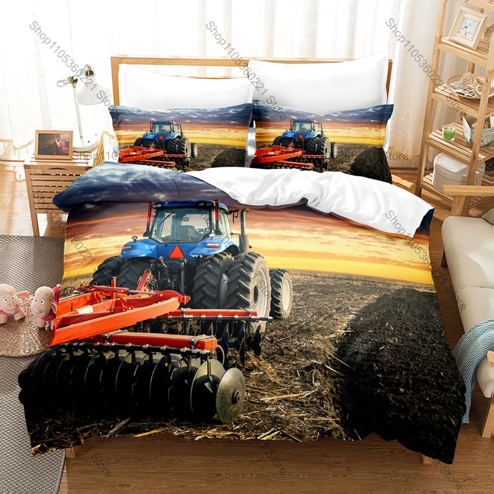 Farm Tractor Bedding Set 3Pcs Construction Vehicle Print Duvet Cover Pillowcase Polyester Soft Bedroom Decoration All Sizes