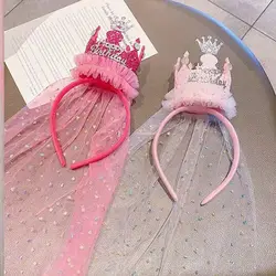 Cute Cone Crown Gauze Headband Girls Princess Birthday Party Headwear Sequin Happy Birthday Hair Hoop Baby Gift Hair Accessories