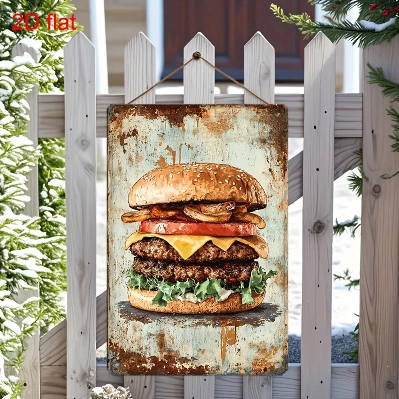 Vintage Burger Metal Wall Decor – Retro Burger Tin Sign, Suitable for Kitchen, Restaurant, or Bar Decoration, 8x12inch Rustic Food Wall Signs