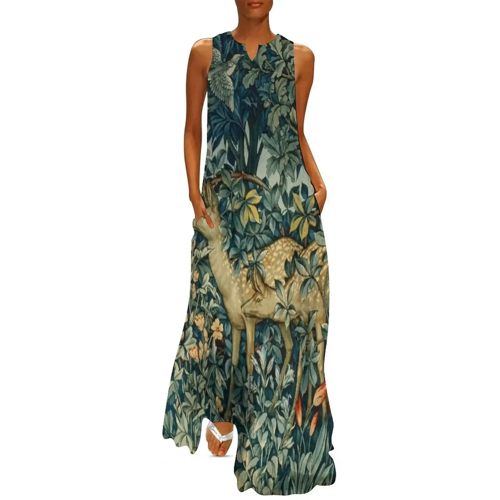 

GREENERY,TWO DOES AND BIRDS IN FOREST BlueGreen Floral Tapestry Long Dress women's evening dress 2025 Casual dresses Dress
