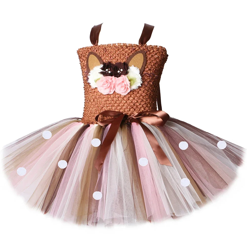 Reindeer Costume Kids Animal Deer Tutu Dress Up Clothes with Flower Antler Headband Girls Christmas Halloween Jungle Party Dress