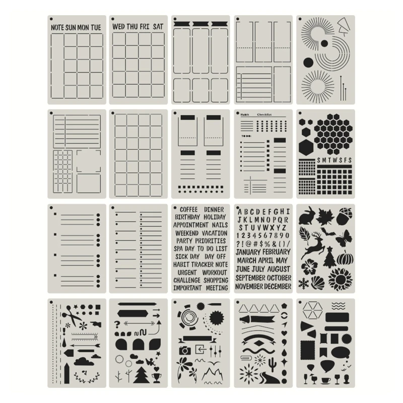 

20 Pcs Journal Stencils Drawing Templates for Kid Adult DIY Planner Notebook Scrapbook Calendars Schedule