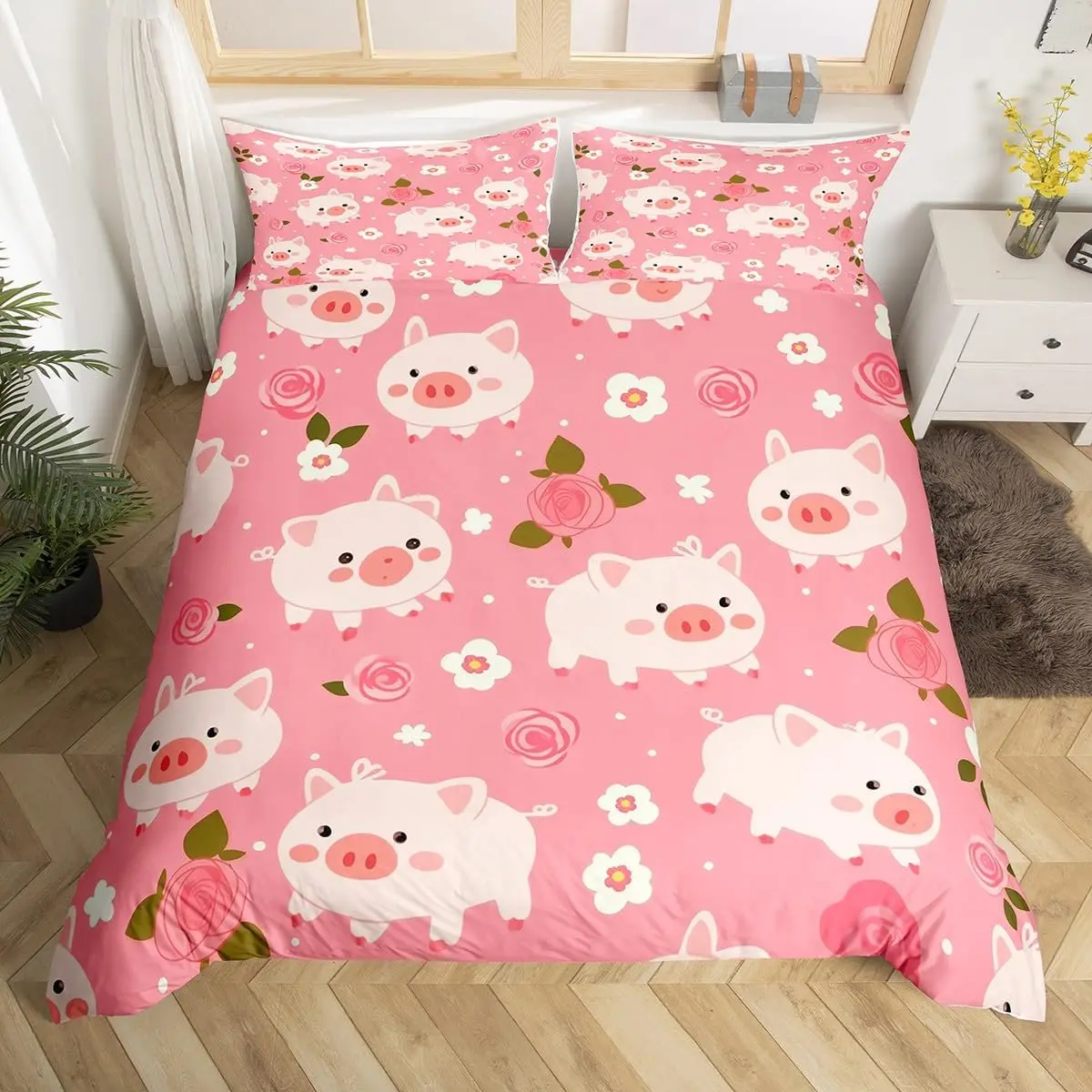 Cute Pig Duvet Cover Set Rose Flower Princess Bedding Set,Girls Women Room Decor,Cartoon Livestock Animal Rustic Comforter Cover