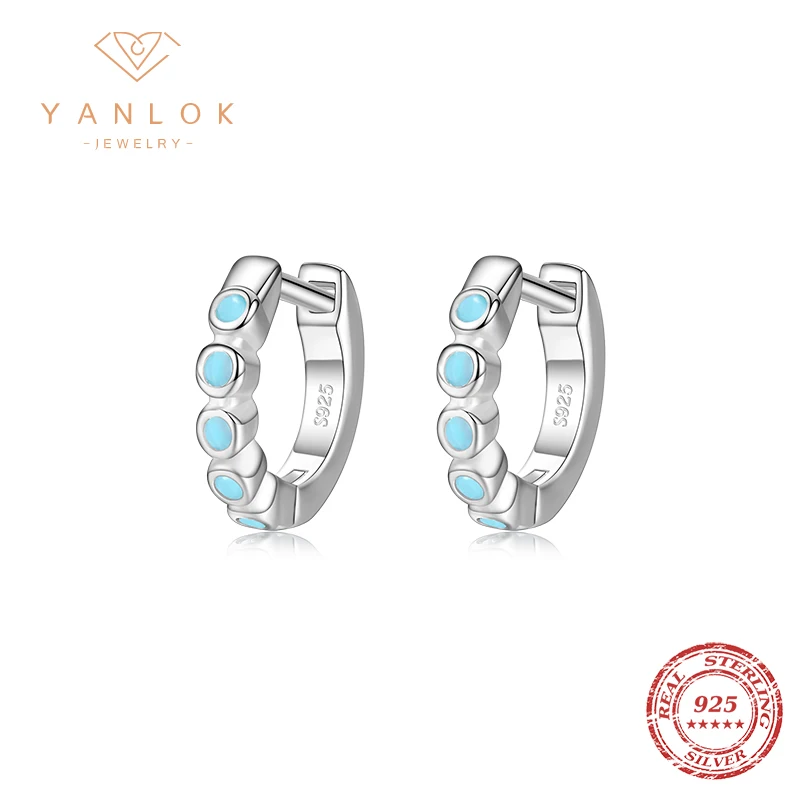 YANLOK Tiny Earrings Sweet Cute Round Blue Turquoises Genuine 100% 925 Sterling Silver Hoop Earrings for Women Fine Jewelry