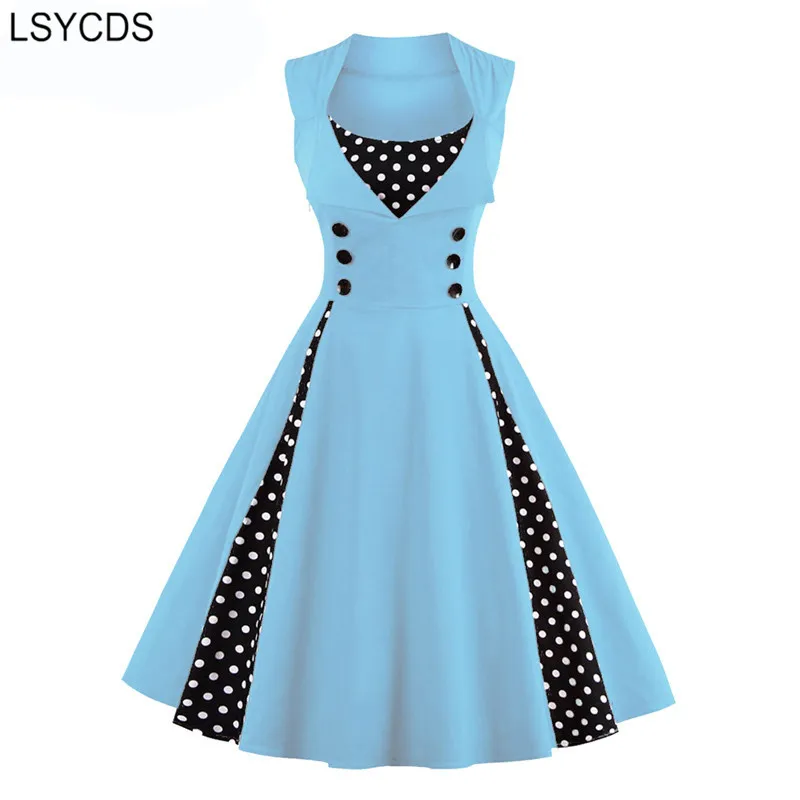 LSYCDS Elegant Cotton Dresses Women Square Collar Button Summer Polka Dot Sleeveless Pin Up Vintage 50s Rockabilly Party Dress