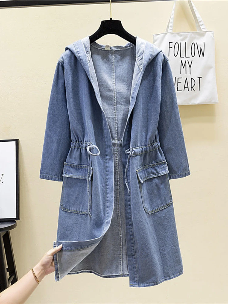 Fitaylor New Spring Autumn Loose Hooded Denim Jacket Women Casual Drawstring Big Pockets Long Coat Fashion Solid Color Outwear