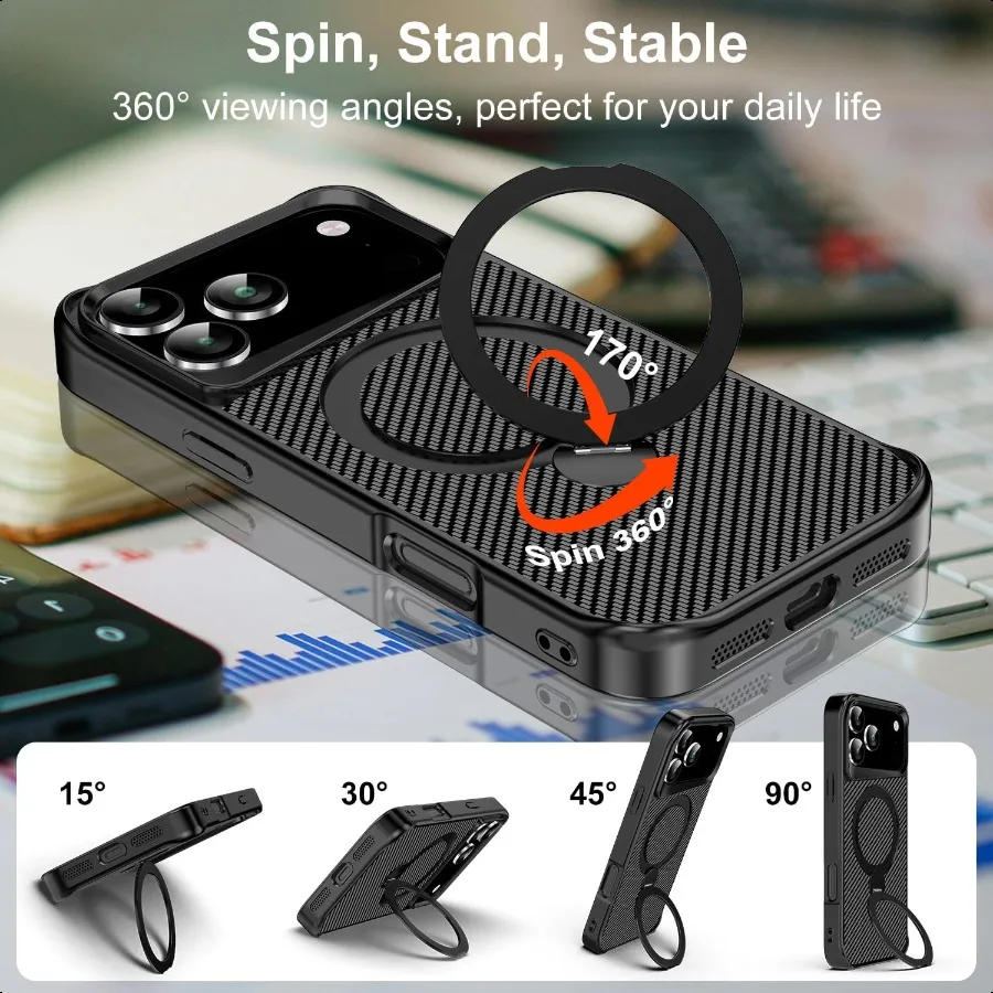 Etui na iPhone 17 Pro Max z magnetycznym stojakiem 360° [Kompatybilne z MagSafe] Ochronne etui z włókna węglowego + 2 sztuki szkła hartowanego