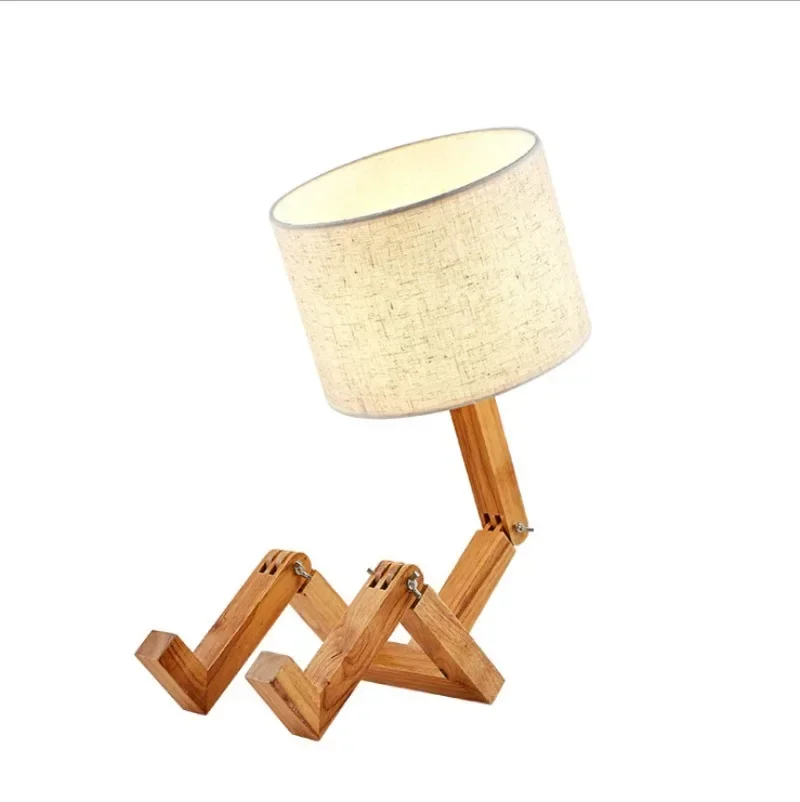 Robot Shape Wooden Table Lamp E14 Lamp Holder 110-240V Modern Cloth Art Wood Desk Table Lamp  Indoor Study Night Light