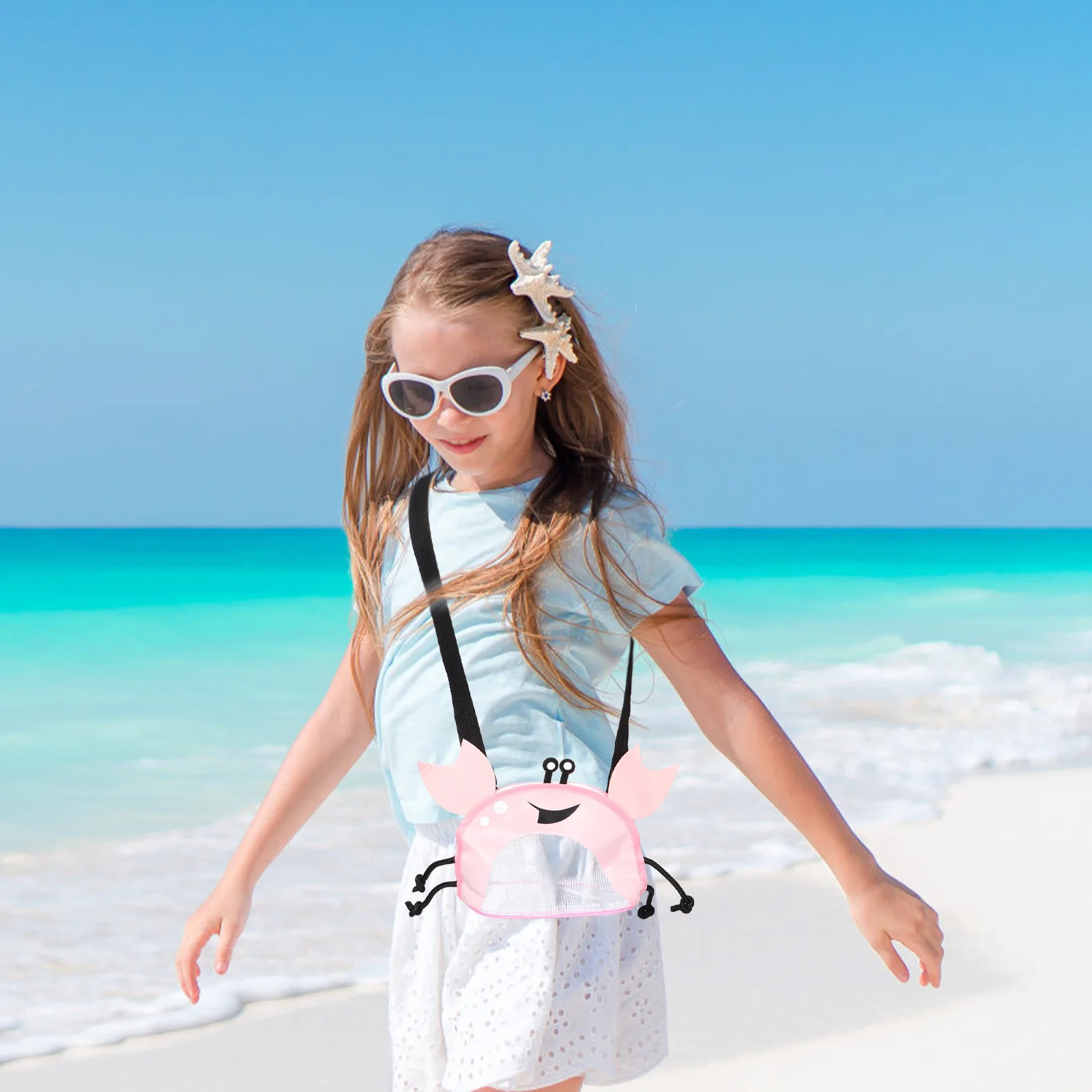 

Очаровательная пляжная сетчатая сумка с дизайном краба для детей, для сбора ракушек, большая вместимость, прочные и безопасные материалы, идеально подходит для пляжа и бассейна