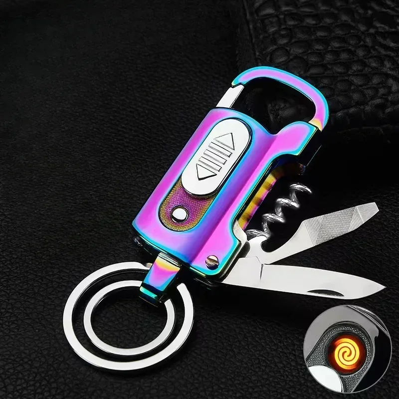 Multifunctional Keychain Lighter USB Charging Cigarette Lighter Wine Opener Knife Flat Screwdriver Metal Windproof Lighter