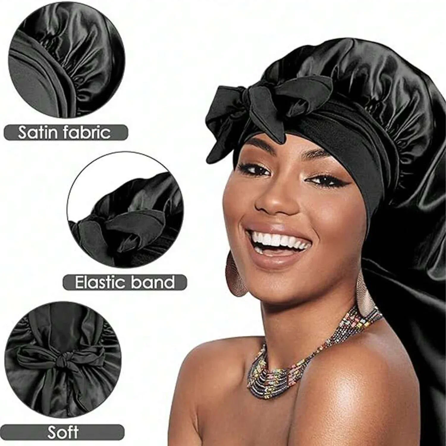 High Elastic Satin Solid Wide-brimmed Sleeping Hat Unisex Head Wrap Elastic Band Cap Hair Care Bonnet Night Sleeping Hat image 3