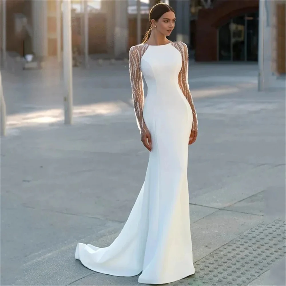 Customized Satin Mermaid Wedding Dress Elegant O Neck Illusion Lace Long Sleeves Bridal Gowns Vestido De Novia