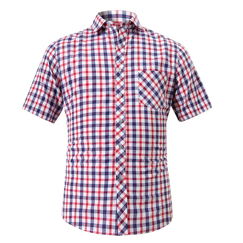 

Spring Summer Men's Cotton Checkered Short Sleeve Shirt Plus Size Business Casual Slim Fit Breathable Lapel Half Sleeve Shirt
