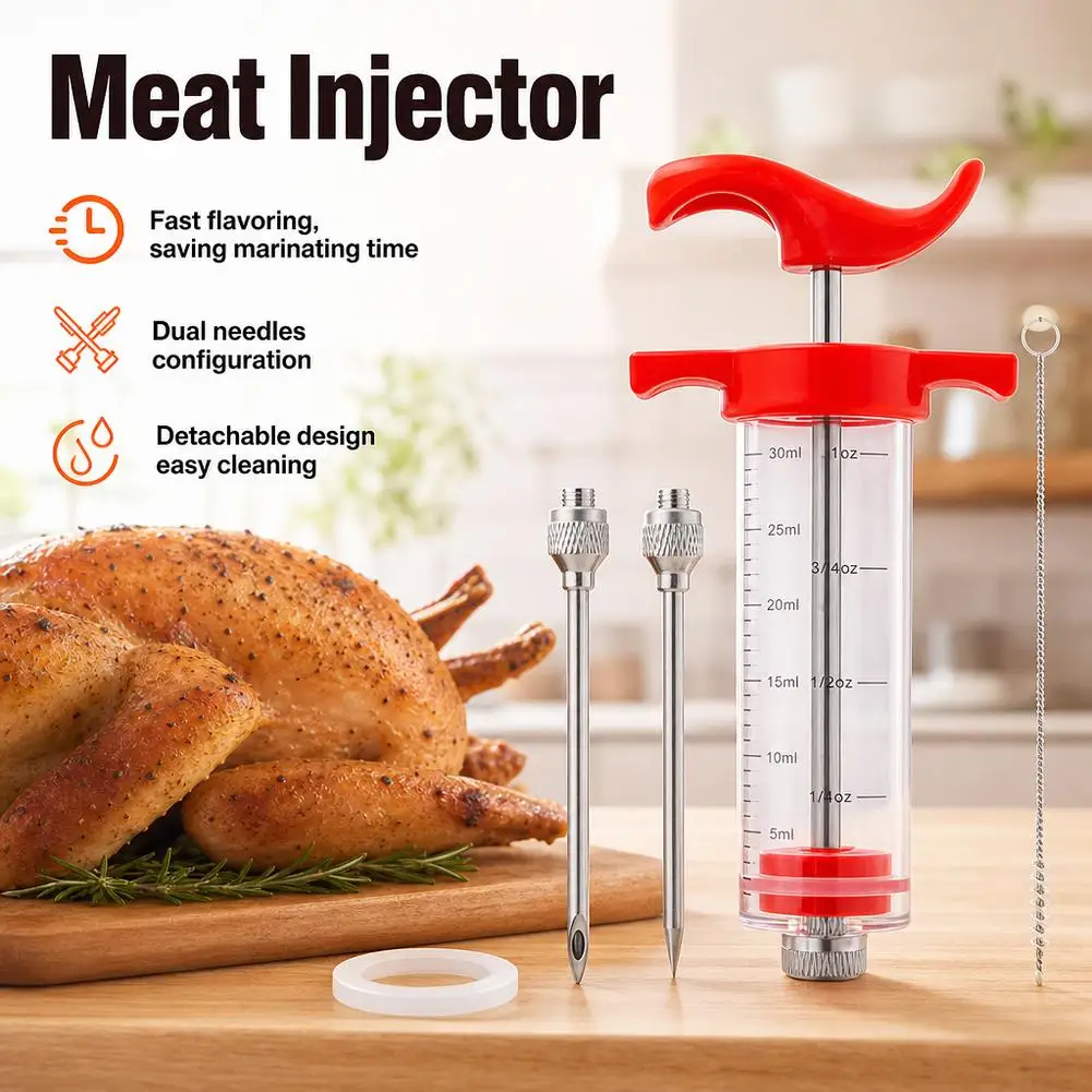 Meat Injector Syringe Marinade Injector Kit with 304 Stainless Steel Needle & Cleaning Brush for Turkey Beef Steak BBQ Cooking
