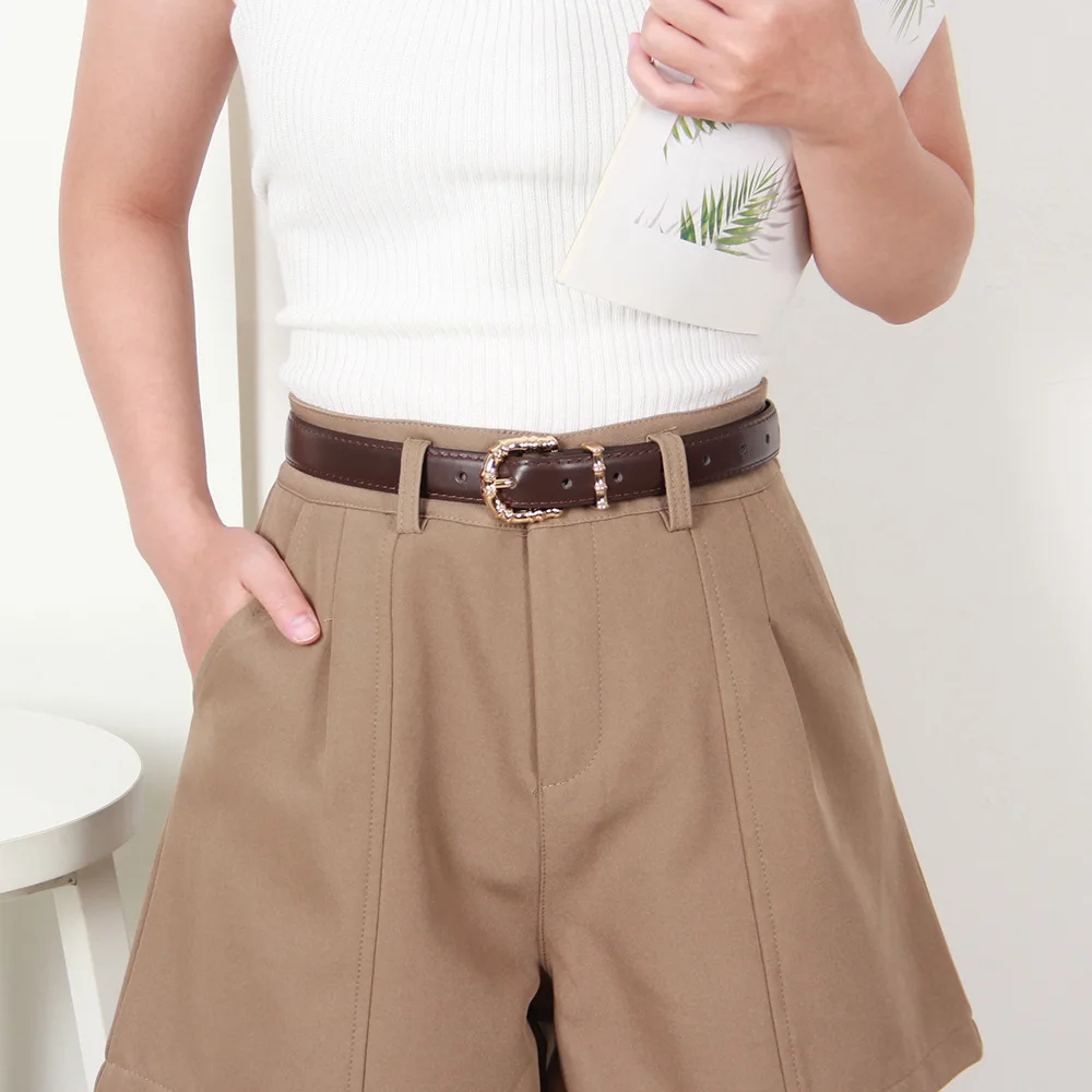 Trendy Bamboo-Patterned Alloy Buckle Casual Versatile PU Slim Belt—Simple Everyday Outfit Pairing, Denim Women’s Belts