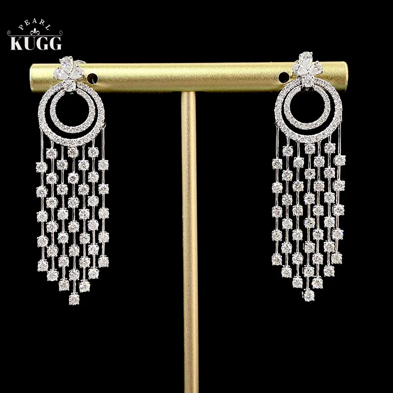 KUGG 100% 18K White Gold Earrings Women Luxury Romantic Style 3.0carat Real Natural Diamond Drop Earrings High Party Jewelry