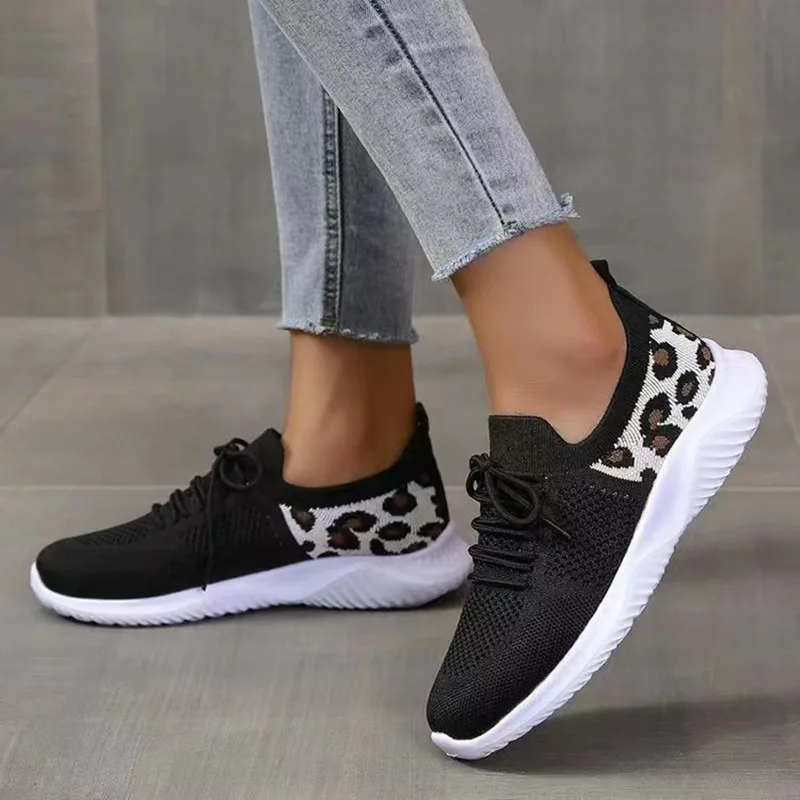 Grote Maat Schoenen Voor Dames Sneakers 35-43 Luipaardprint Ademende Mesh Zomer Antislip Gebreide Flats Comfort Hardloopsportschoenen