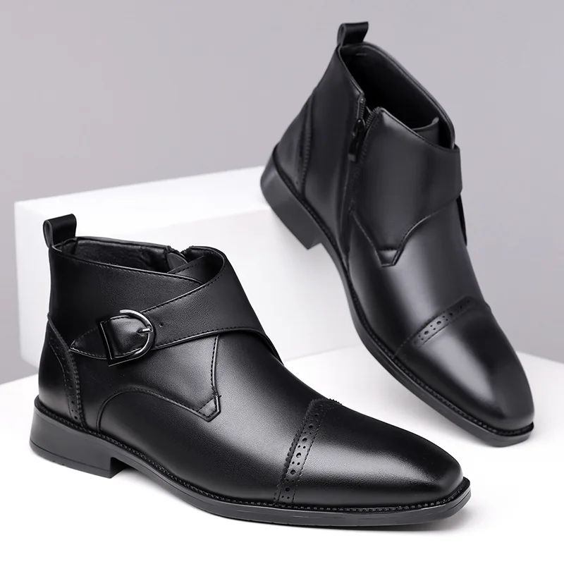 Men's Winter Leather Boots Short Tube British Side Zipper Business Formal Fashionable Shoes for Men