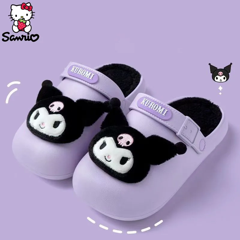 Kawaii Sanrio Hello Kitty Kuromi Women Slippers Cinnamoroll Cartoon Cute Waterproof Soft Fur Warm Indoor Home Shoes Flip Flops