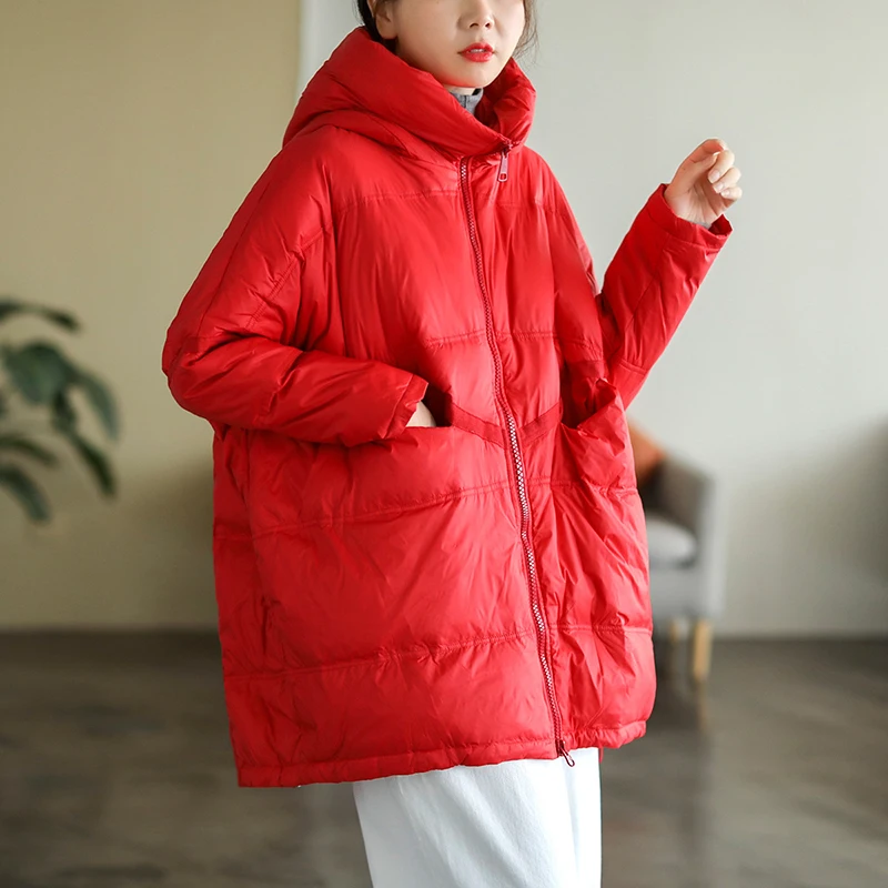 Korean Style Women White Duck Down Loose Jacket with Hood Autumn Winter Outwear Casual Over Size Patchwork Coat Jackets