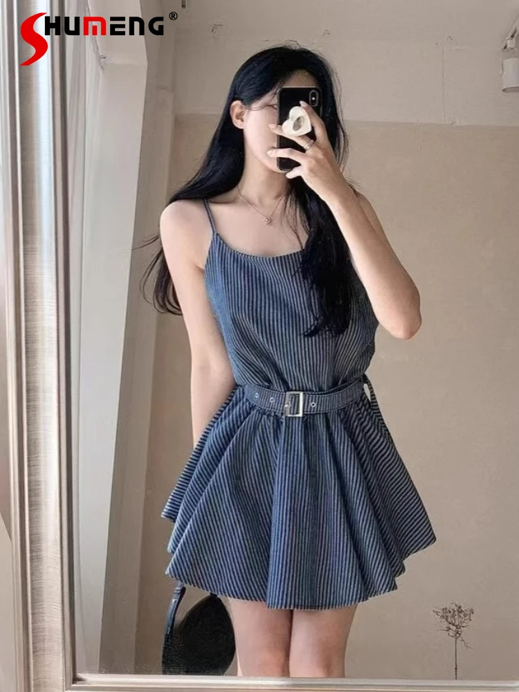 

Striped Suspender Denim Dresses Women's 2025 Summer Fashion Crew Neck Lace-up Waist Sweet Versatile Lotus Leaf Edge Trendy Skirt