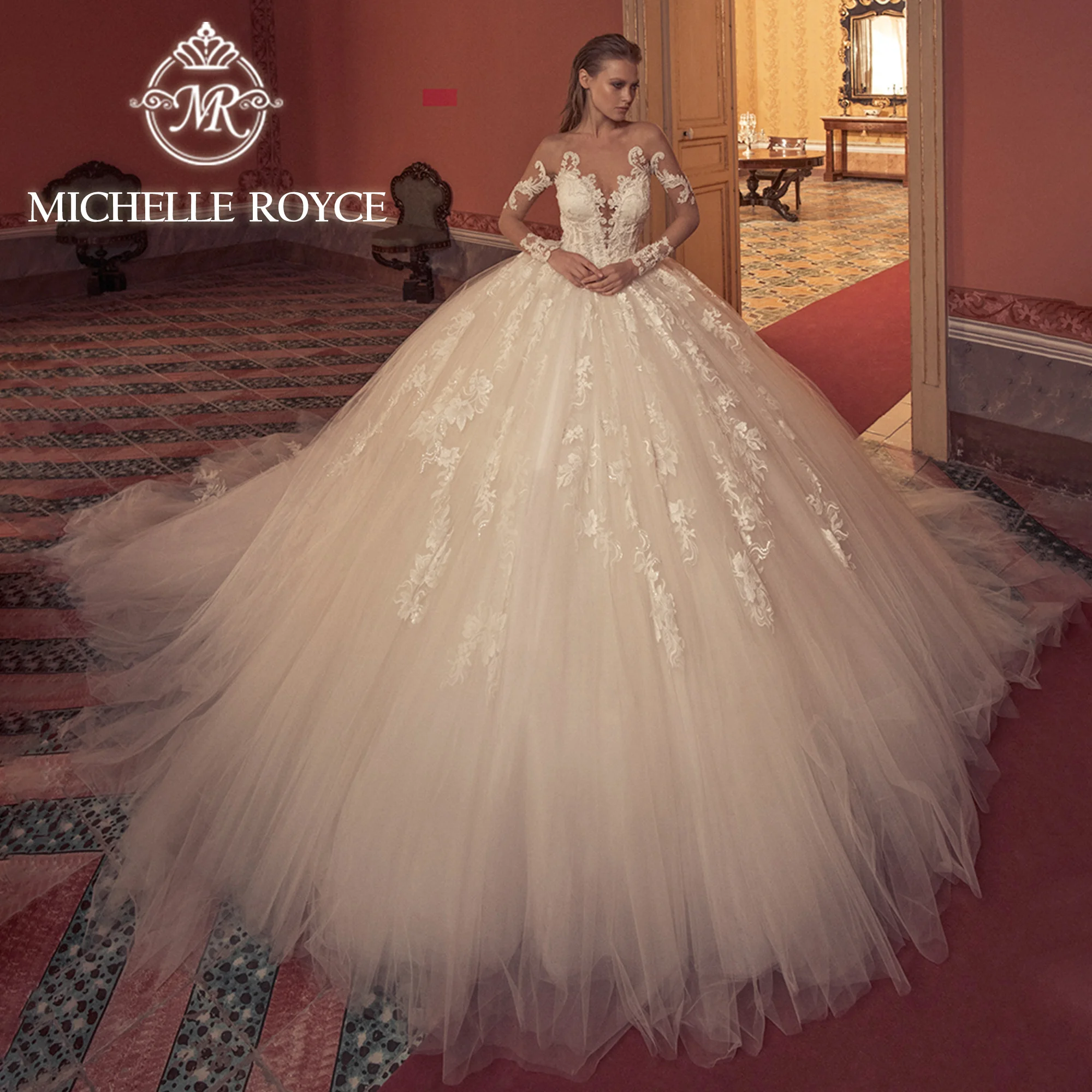 Michelle Royce Ball Gown Wedding Dress 2024Bride Classy Embroidery Long Sleeves Extravagant Royal Wedding Gown Vestidos De Novia