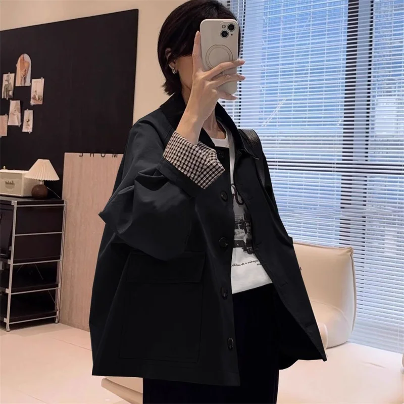 Women Winter Coats Contrast Plaid Single-breasted Loose  Khaki Trench Coat Casual  Joker High-grade Short Coat Woman Coat Women