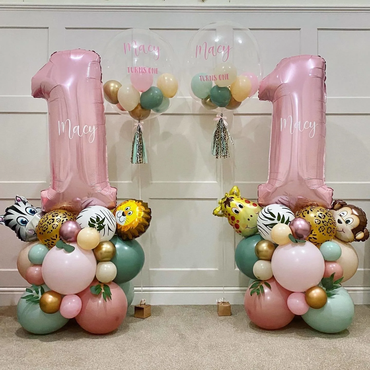 31pcs Wild Animal Pink Balloon Tower with 1-9 Number Balloon for Girl\'s Wild One Themed Birthday Jungle Safari Party Decoration