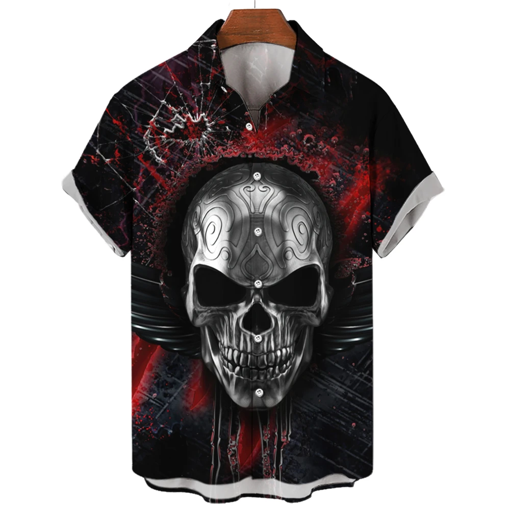 New Vintage Skull Men\'s Shirts Lapel Streetwear Shirt For Men Street Hip Hop Short Sleeve Top Party Summer Men Hawaiian Shirts