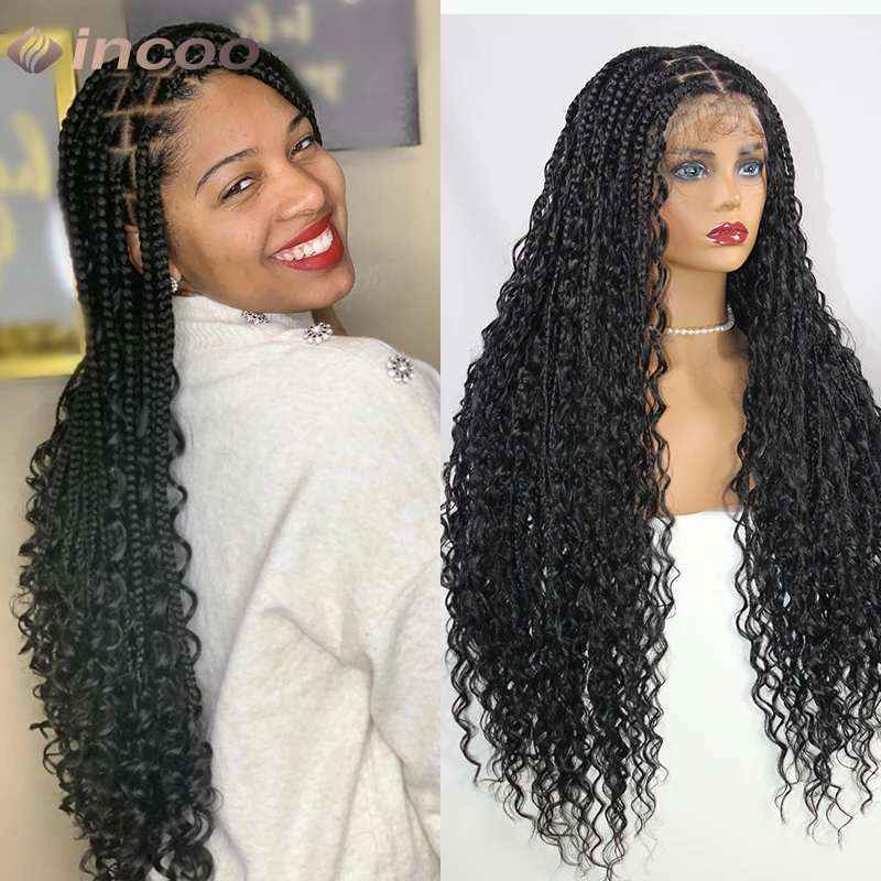 Synthetic 32 Inch Boho Box Braided Wigs Curly Hair End Full Lace Frontal Wig for Women Goddess Locs Braided Wig Bohemian Box Wig