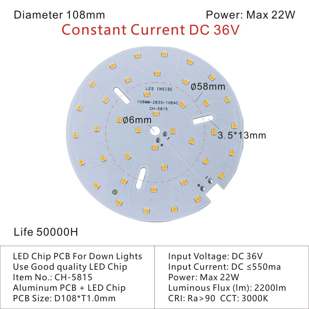 LED-Chip, LED-Platine, PCB, LED-Modul, rund, 108 mm, Lichter für Zuhause, Downlights, DIY, ersetzt SMD 2835, Konstantstrom, DC36 V, 22 W