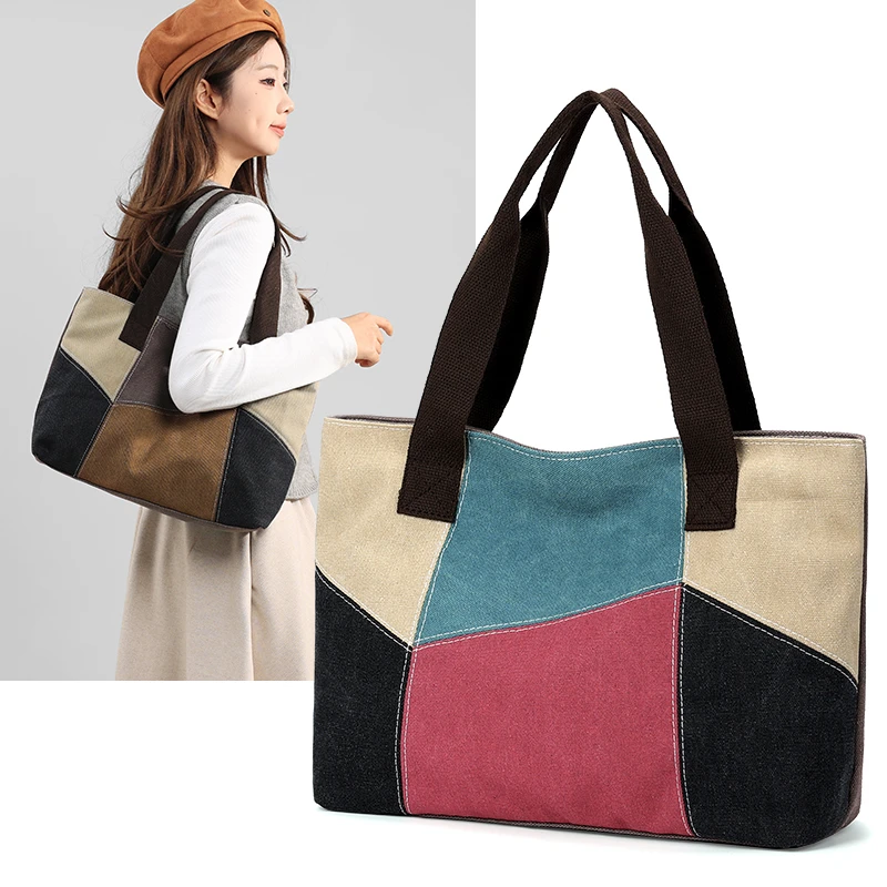

2025 New Ladies Large Canvas Bag Patchwork Color Block Commuter Single Shoulder Crossbody Handbag