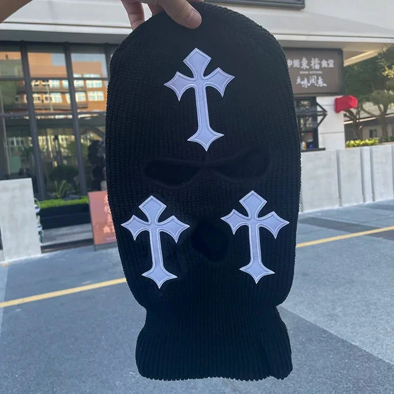 New Cross Embroidery Three-hole Balaclava Knit Hat Army Tactical CS Winter Ski Riding Mask Beanie Prom Party Mask Warm Mask