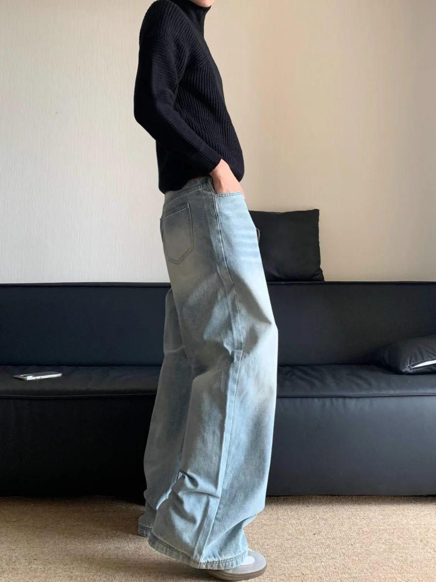 

American Retro Wave Pattern Distred Jeans Men's High Street Loose Straight Leg Casual Long Trousers Youth Wear All Seasons