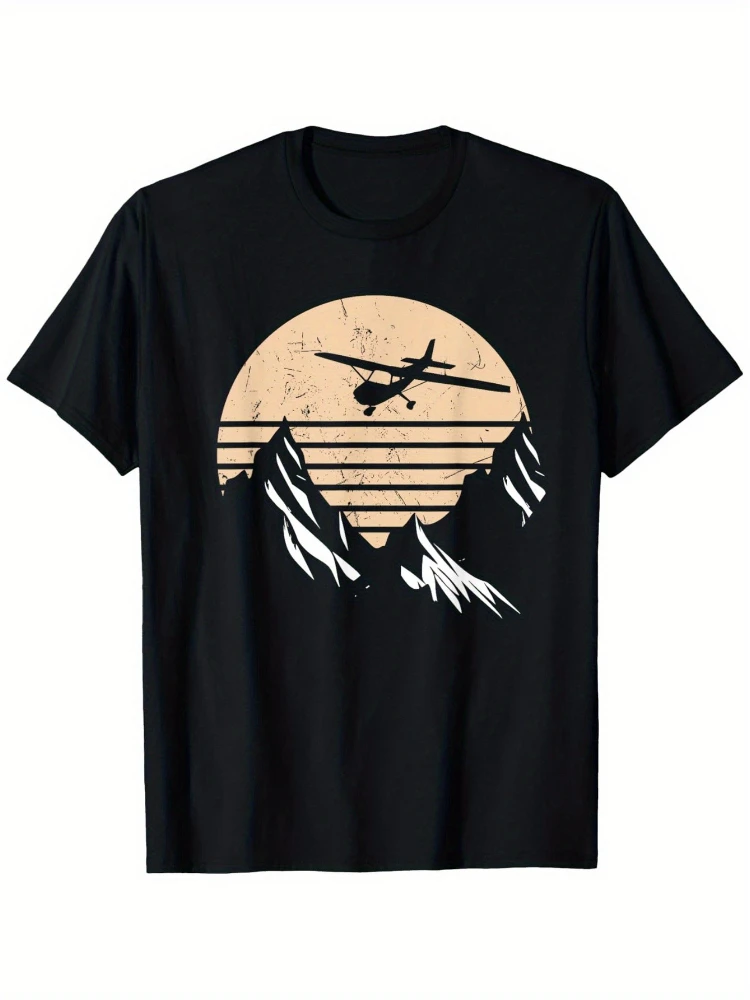 

Retro Sunset Pilot & Airplane pattern design -100% cotton summer casual short-sleeved men's printed T-shirt.
