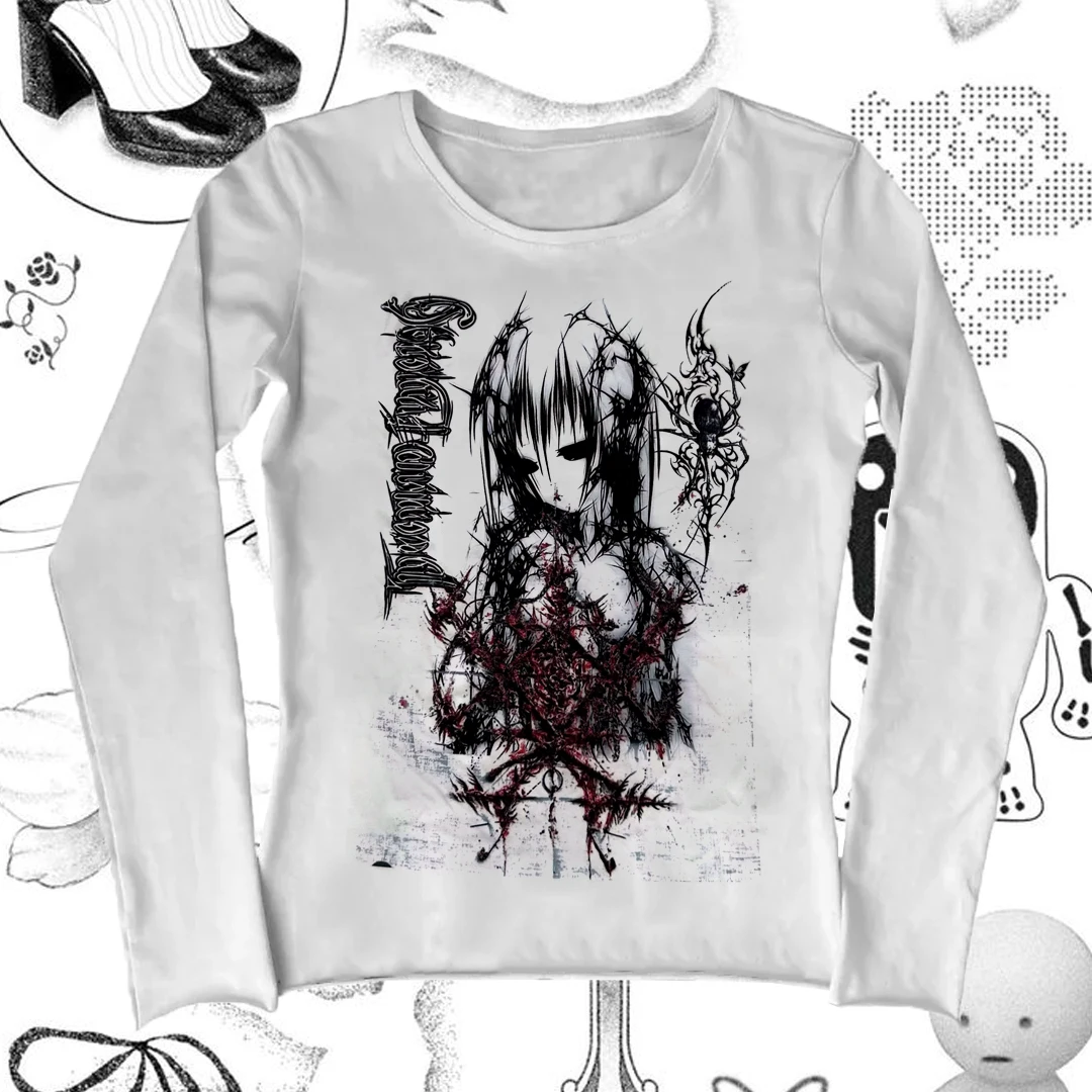 Frauen Top Y2k Grafik T-Shirts Y2k Tops Langarm Frau T-Shirts Emo 90er Jahre Kleidung Vintage Ästhetische Kleidung Kawaii Gothic Goth