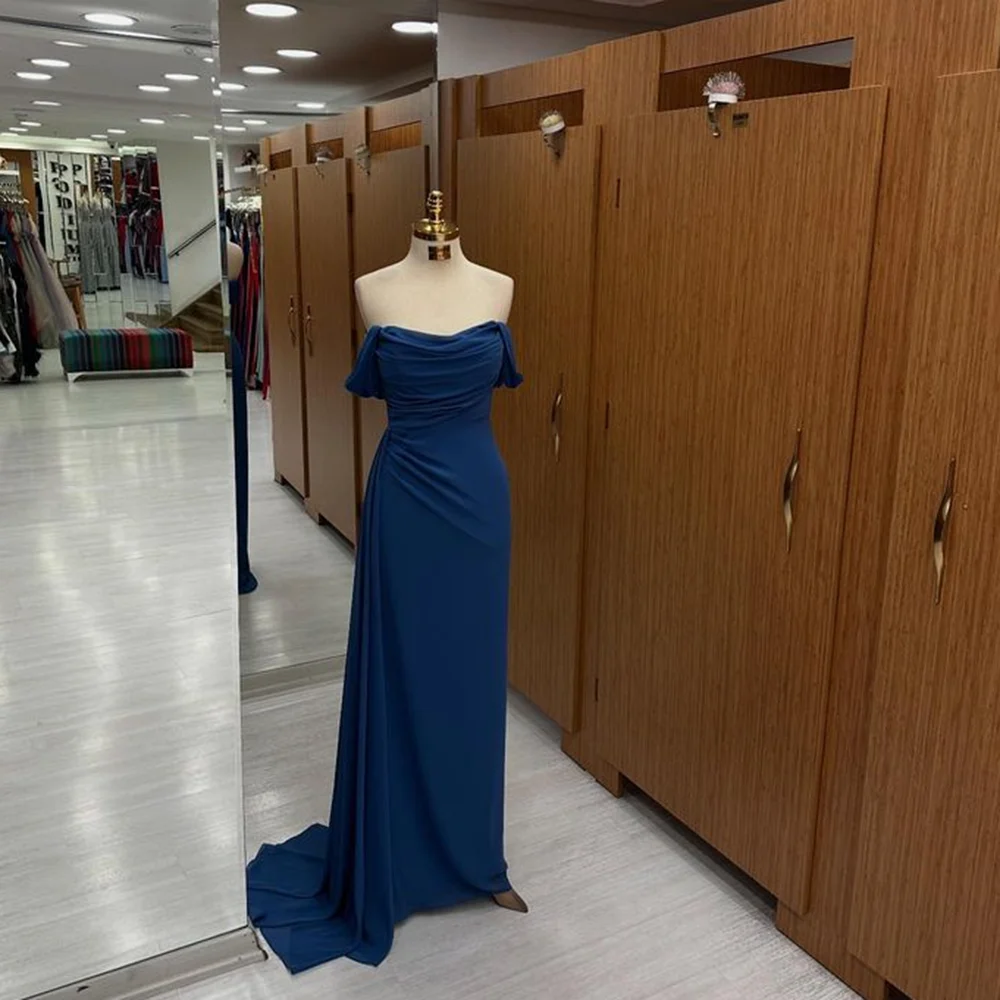 

Formal Evening Dress Off-Shoulder Satin Pleated Sexy Sheath Sweep Court Simple Prom Women Gown Customized