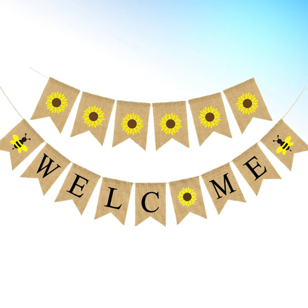 

2 set Sunflower Bee Flag Linen Bunting Garland Welcome Letter Banner Party Decorations Hanging Decor For Window Door Ceiling