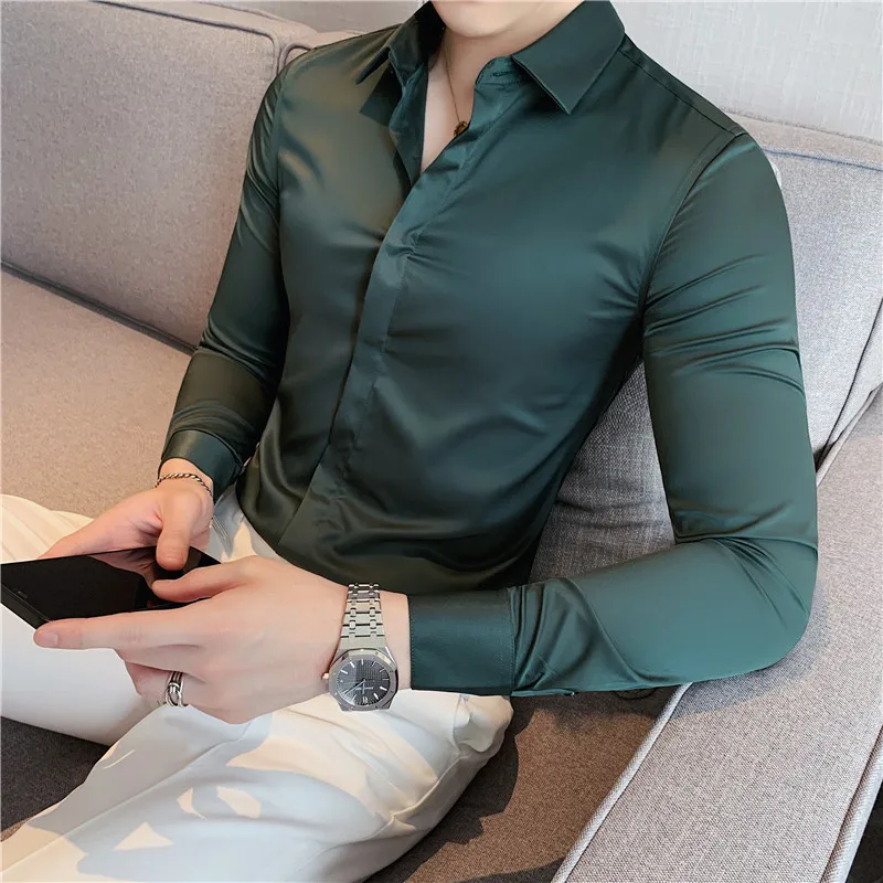 High Elasticit Long Sleeve Men Shirts 2023 Autumn Slim Fit Camisas Solid Casual Formal Dress Shirt Business Fashion Men Clothing