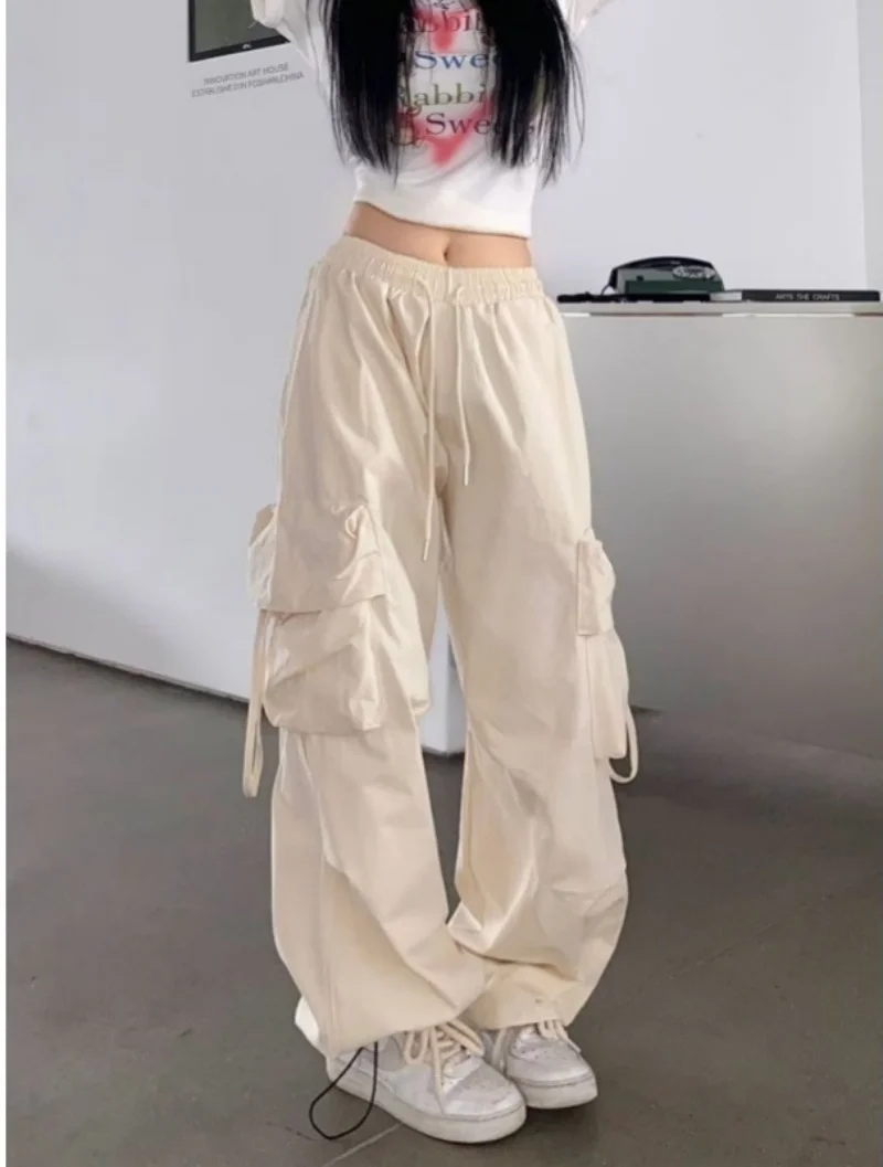 Pantalon Cargo Vintage pour Femme, Taille artificiel astique, Rétro Respirant, Couleur Unie, Jambes Larges, Streetwear Décontracté, Baggy