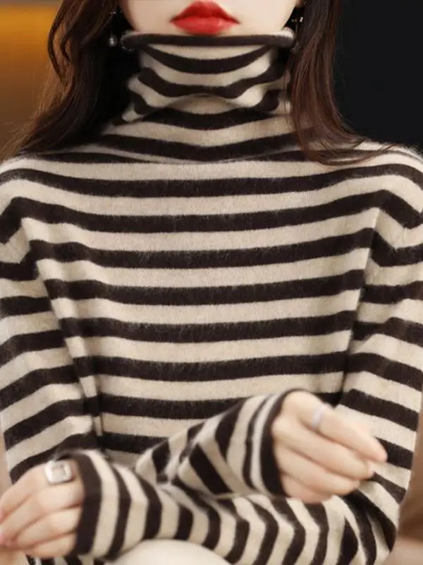 

plus Size Women's High Collar Striped Knitwear Base Layer Top Autumn Winter Slimming Warm Sweater Korean Style Loose Fit