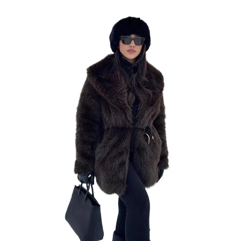 Foreign Trade Women' Clothing Wholesale European and American New Temperament Versatile Lapel Imitation Fur Medium and Long Coat