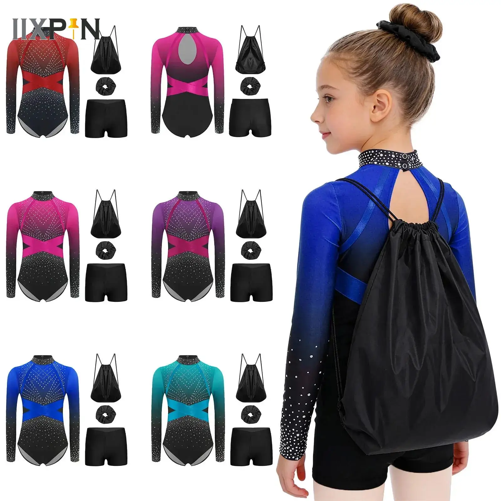 

Girls Rhinestone Gymnastics Ballet Leotards Kids Figure Skating Performance Costume Mesh Long Sleeve Rompers Jumpsuit with Bag