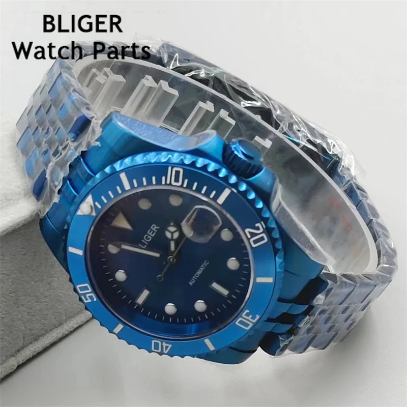 

BLIGER 40mm NH35 Movement Watch Sapphire Crystal Automatic Men's Watch Steel Bracelet /Curved Rubber Strap Blue Watch
